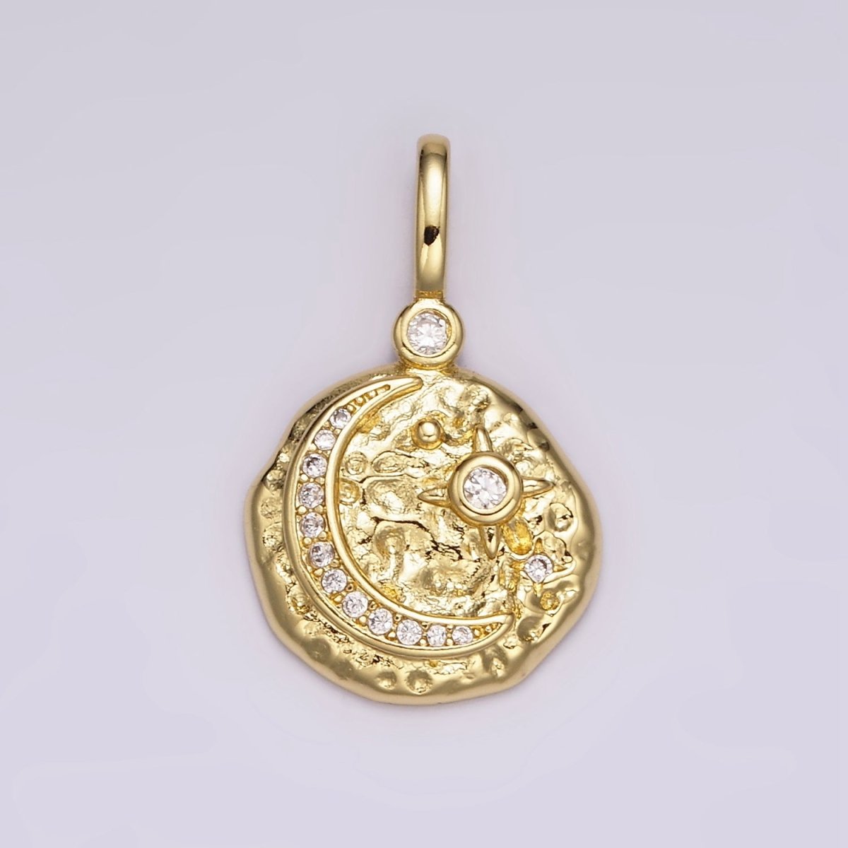 14K Gold plated Clear, Turquoise Celestial Star Crescent Moon Micro Paved Hammered CZ Pendant | AH109 AH110