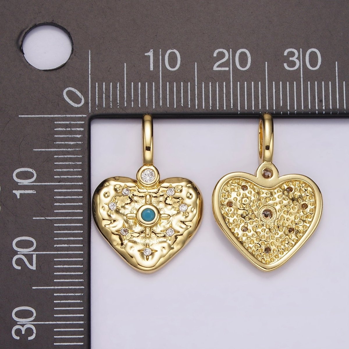 14K Gold plated Clear, Turquoise Celestial Star Hammered Heart Pendant | AH105 AH106 - DLUXCA