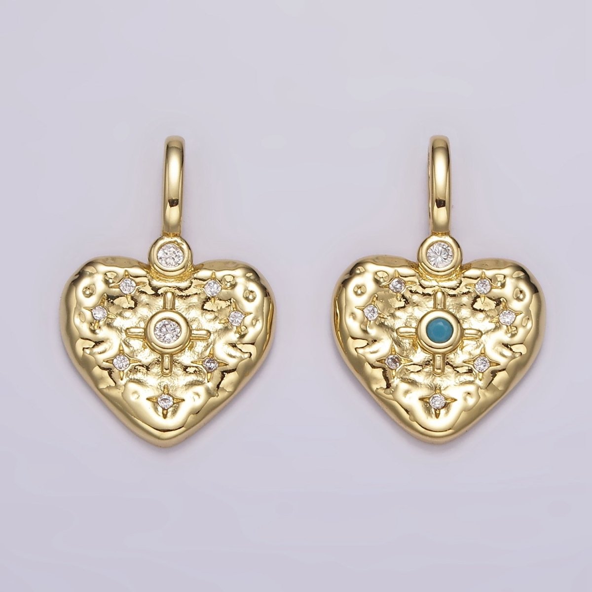 14K Gold plated Clear, Turquoise Celestial Star Hammered Heart Pendant | AH105 AH106 - DLUXCA