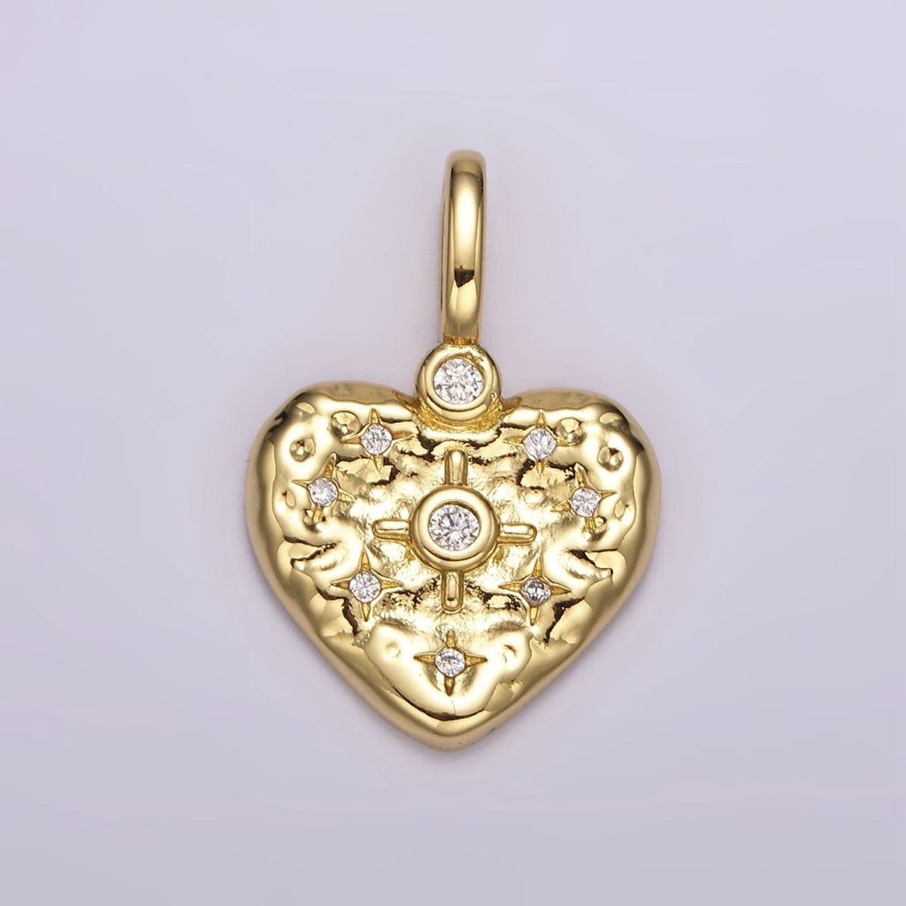 14K Gold plated Clear, Turquoise Celestial Star Hammered Heart Pendant | AH105 AH106 - DLUXCA