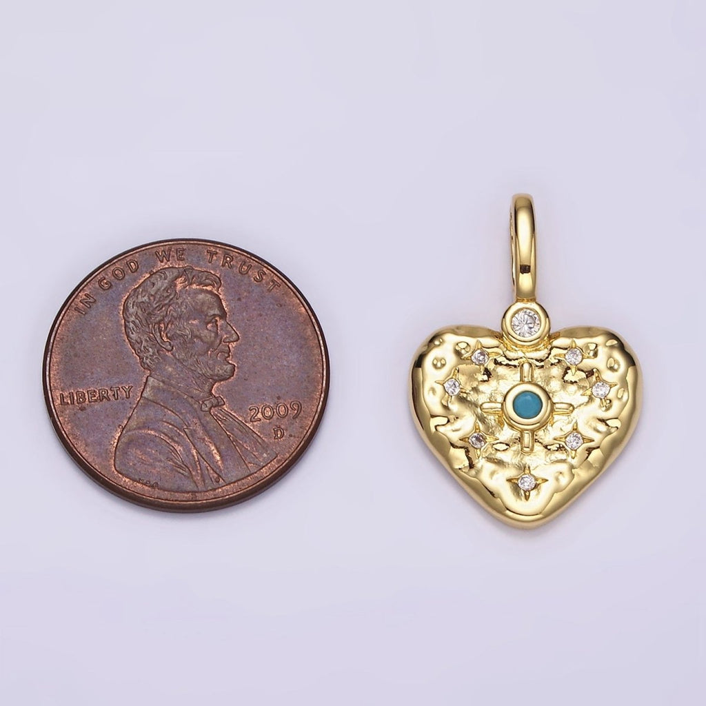 14K Gold plated Clear, Turquoise Celestial Star Hammered Heart Pendant | AH105 AH106 - DLUXCA