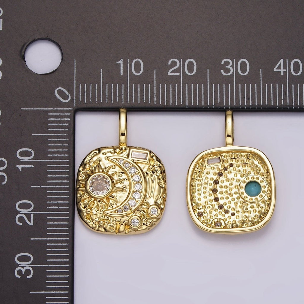 14K Gold plated Clear, Turquoise Celestial Sun Crescent Moon Hammered Square Pendant | AH093 AH094