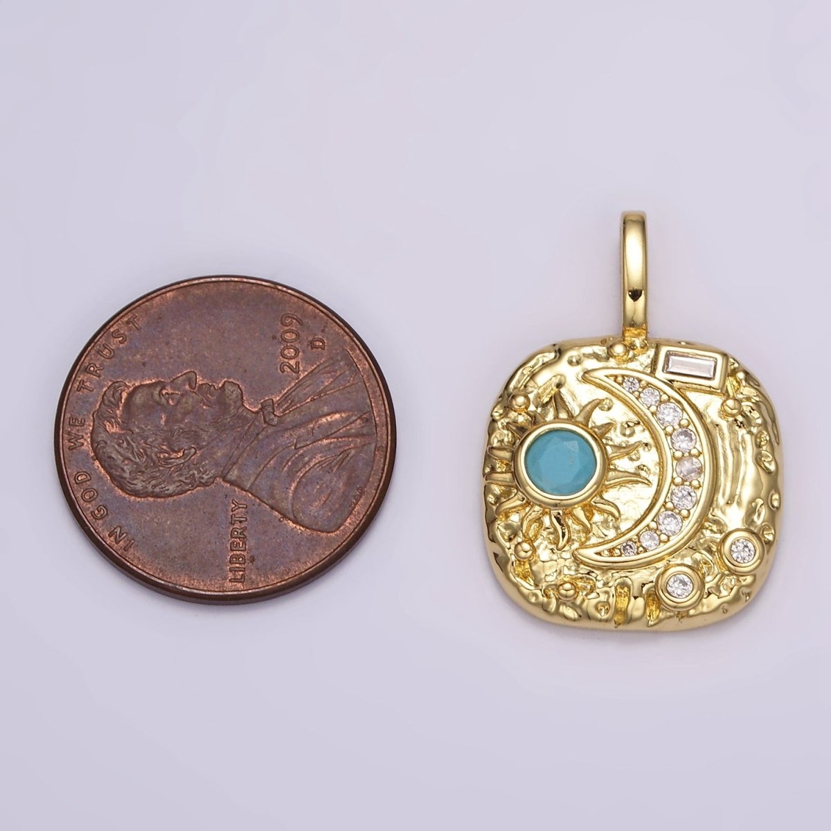 14K Gold plated Clear, Turquoise Celestial Sun Crescent Moon Hammered Square Pendant | AH093 AH094