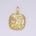 14K Gold plated Clear, Turquoise Celestial Sun Crescent Moon Hammered Square Pendant | AH093 AH094