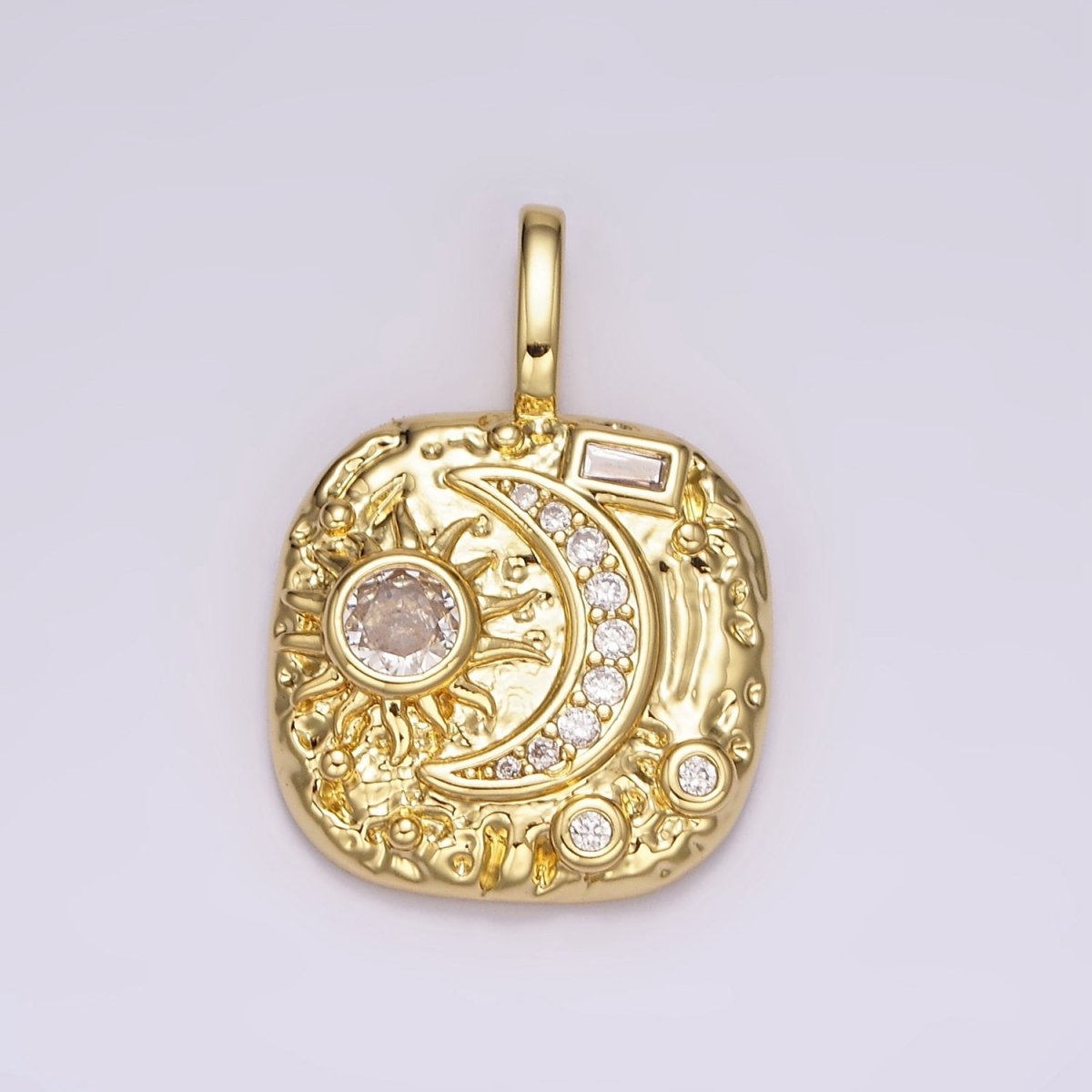 14K Gold plated Clear, Turquoise Celestial Sun Crescent Moon Hammered Square Pendant | AH093 AH094