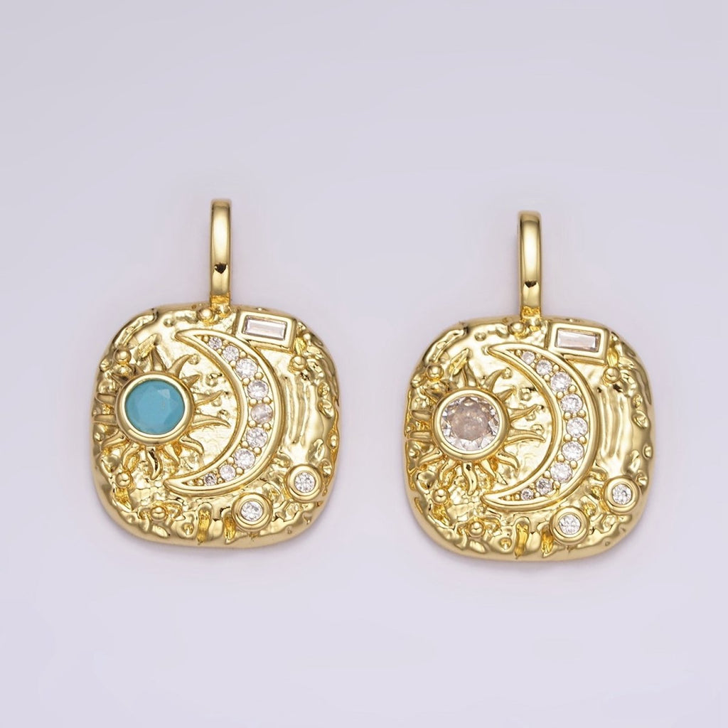 14K Gold plated Clear, Turquoise Celestial Sun Crescent Moon Hammered Square Pendant | AH093 AH094