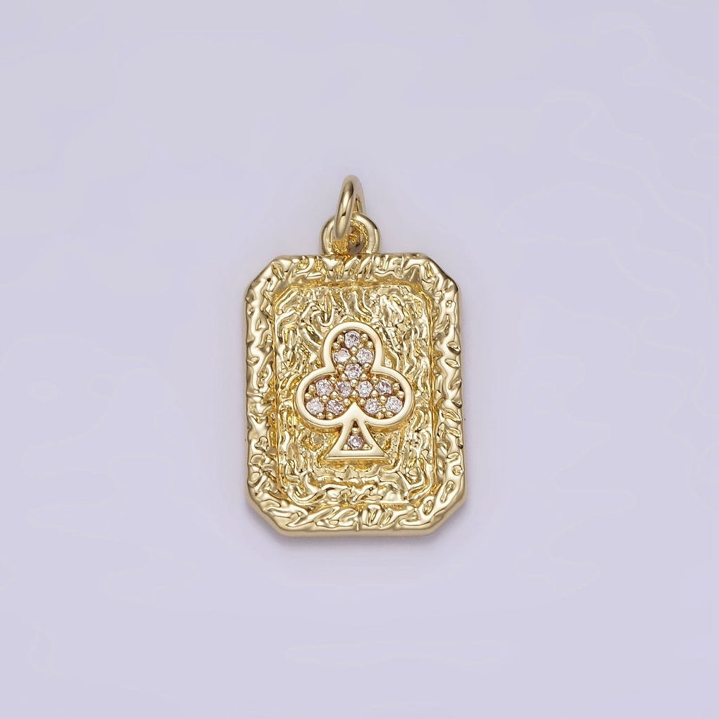 14K Gold plated Clubs Card Micro Paved CZ Hammered Rectangular Tag Charm | AG272 - DLUXCA