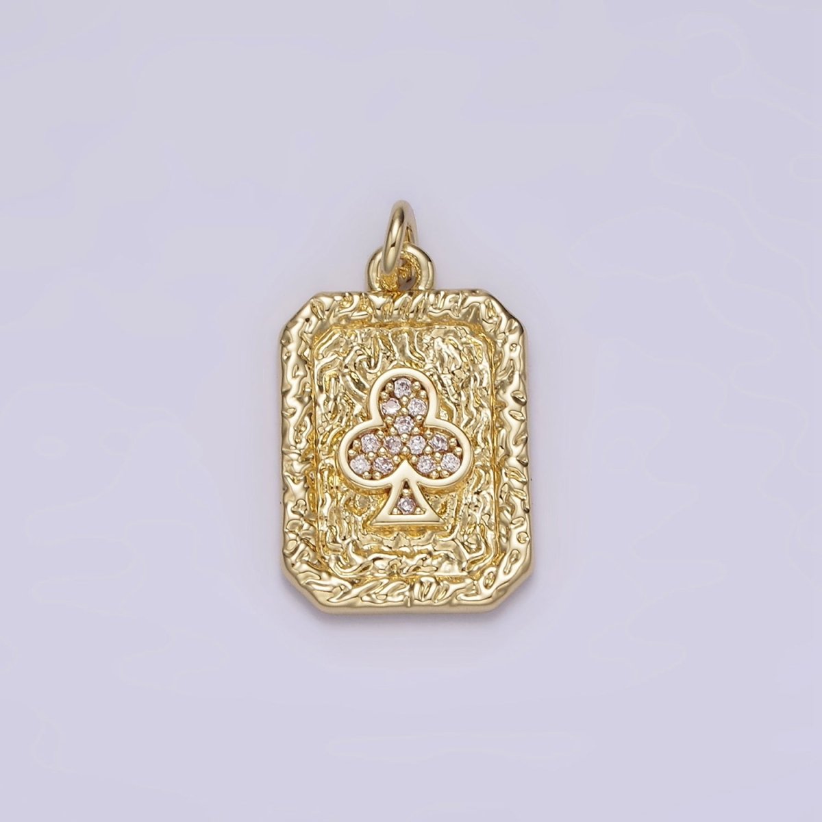 14K Gold plated Clubs Card Micro Paved CZ Hammered Rectangular Tag Charm | AG272 - DLUXCA