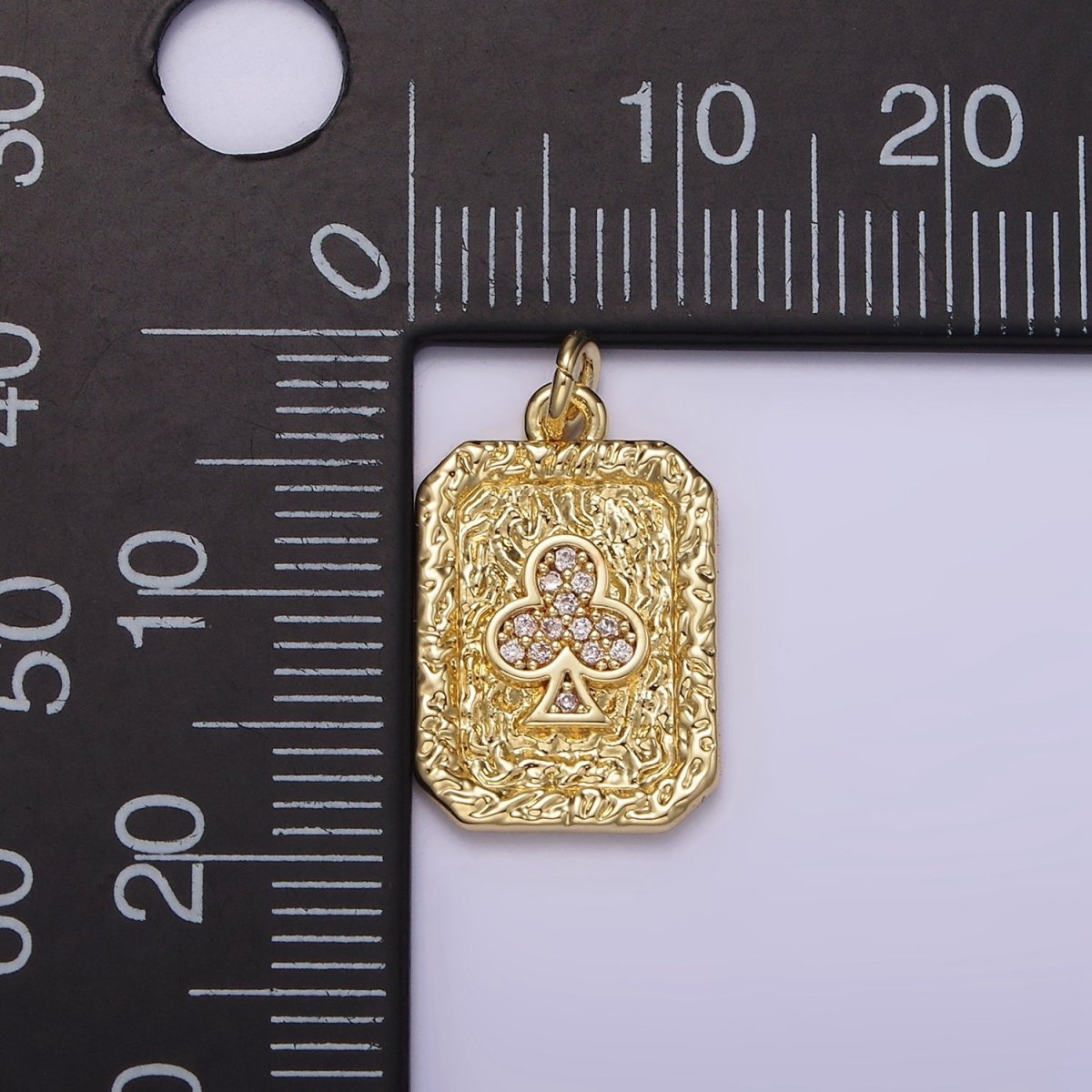 14K Gold plated Clubs Card Micro Paved CZ Hammered Rectangular Tag Charm | AG272 - DLUXCA
