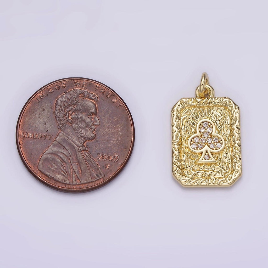 14K Gold plated Clubs Card Micro Paved CZ Hammered Rectangular Tag Charm | AG272 - DLUXCA