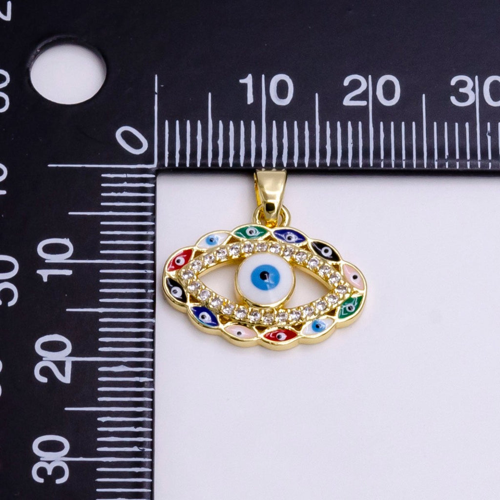 14K Gold plated Colorful Multi Evil Eye Micro Paved CZ Enamel Lined Open Pendant | N1464 - DLUXCA
