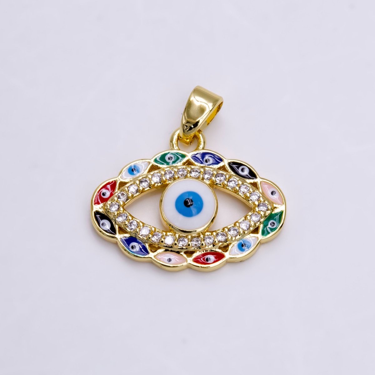14K Gold plated Colorful Multi Evil Eye Micro Paved CZ Enamel Lined Open Pendant | N1464 - DLUXCA