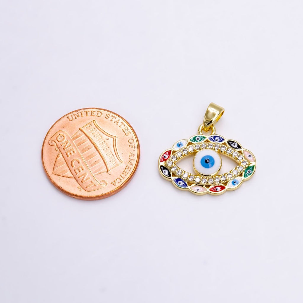 14K Gold plated Colorful Multi Evil Eye Micro Paved CZ Enamel Lined Open Pendant | N1464 - DLUXCA