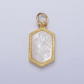 14K Gold plated Crescent Moon Evil Eye Mother of Pearl Long Hexagonal Charm in Gold & Silver | AC972 AC1023
