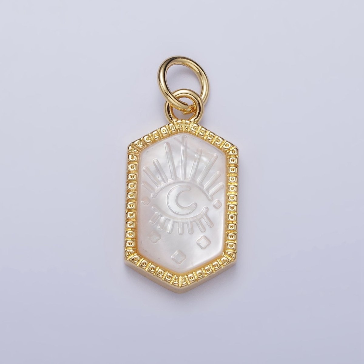 14K Gold plated Crescent Moon Evil Eye Mother of Pearl Long Hexagonal Charm in Gold & Silver | AC972 AC1023