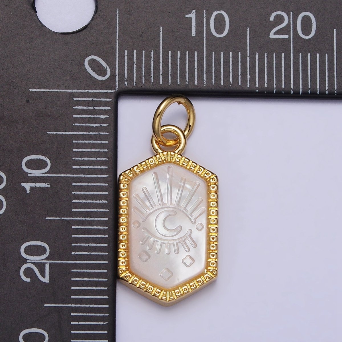 14K Gold plated Crescent Moon Evil Eye Mother of Pearl Long Hexagonal Charm in Gold & Silver | AC972 AC1023