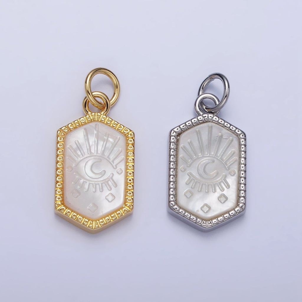 14K Gold plated Crescent Moon Evil Eye Mother of Pearl Long Hexagonal Charm in Gold & Silver | AC972 AC1023
