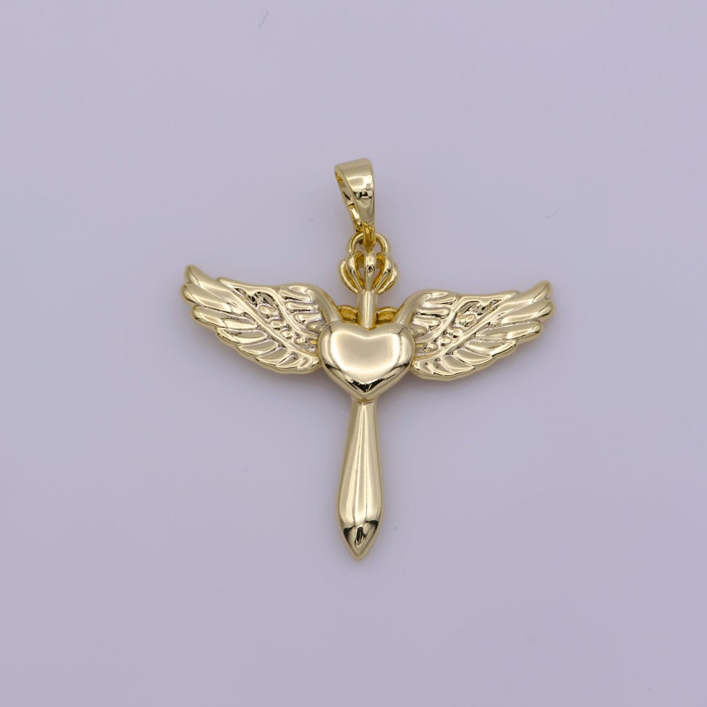 14k Gold plated Cross with Wing Pendant Heart Center for Necklace Bracelet Earring Component N-1335 - DLUXCA