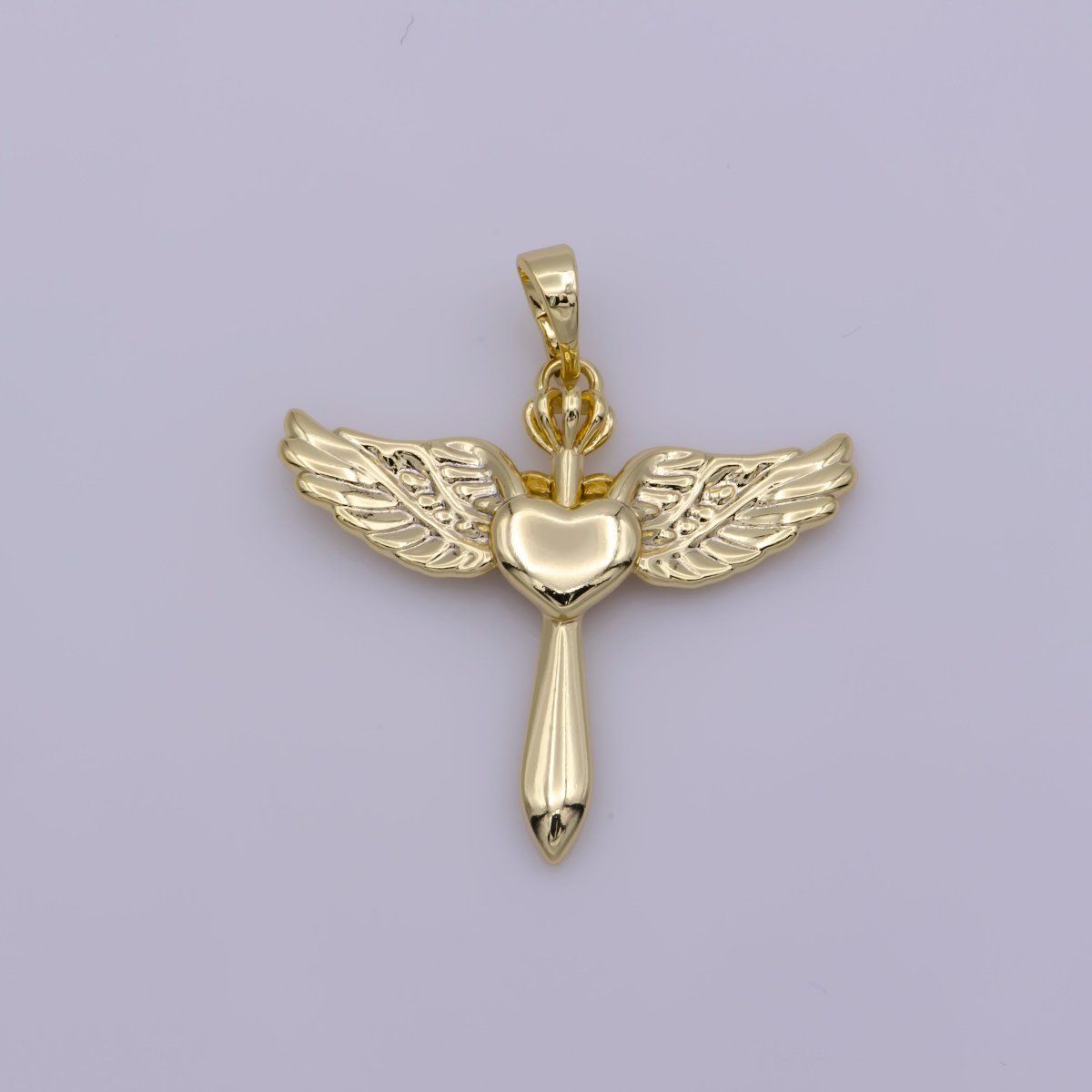 14k Gold plated Cross with Wing Pendant Heart Center for Necklace Bracelet Earring Component N-1335 - DLUXCA