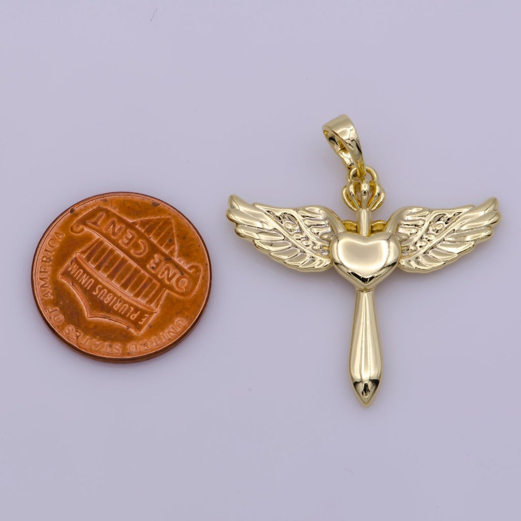 14k Gold plated Cross with Wing Pendant Heart Center for Necklace Bracelet Earring Component N-1335 - DLUXCA