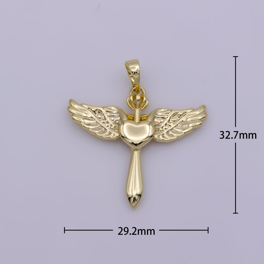 14k Gold plated Cross with Wing Pendant Heart Center for Necklace Bracelet Earring Component N-1335 - DLUXCA