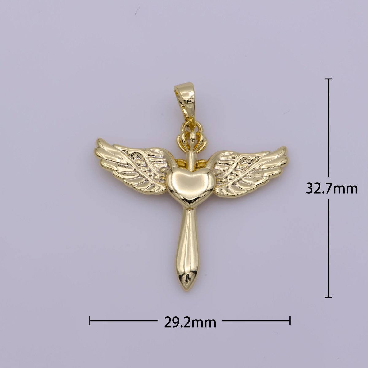 14k Gold plated Cross with Wing Pendant Heart Center for Necklace Bracelet Earring Component N-1335 - DLUXCA