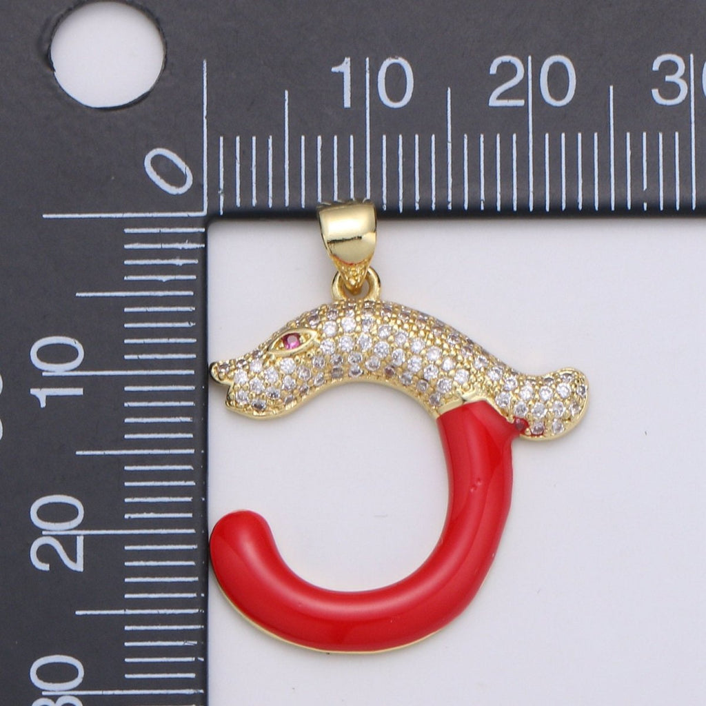 14k Gold plated Cubic Red Eye Snake Pendant, CZ Cluster Pendant, Lucky Charm, Red Enamel Hook CZ Pave Pendant J-053 - DLUXCA