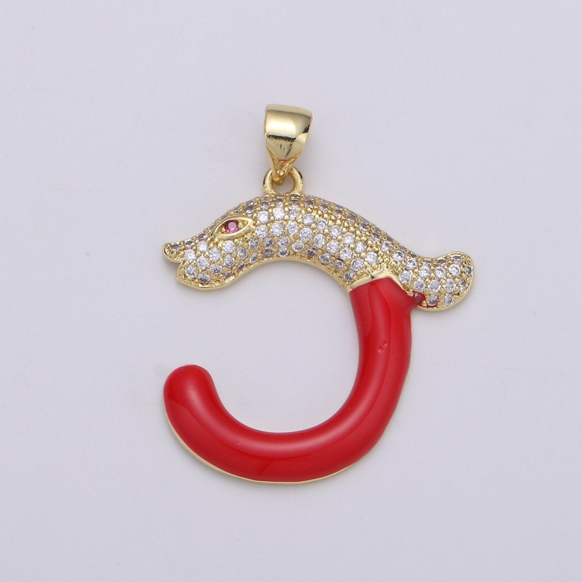 14k Gold plated Cubic Red Eye Snake Pendant, CZ Cluster Pendant, Lucky Charm, Red Enamel Hook CZ Pave Pendant J-053 - DLUXCA