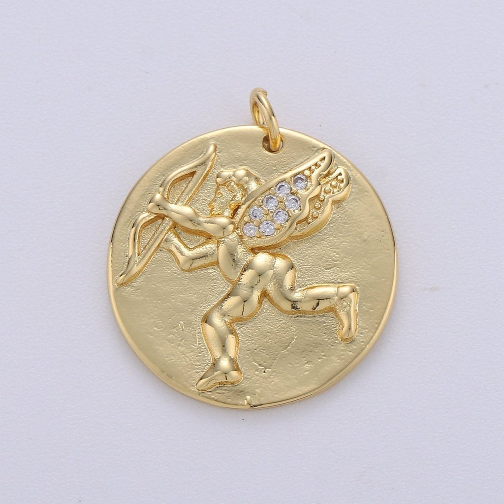 14K Gold plated Cupid Charm- Medallion Cupid Pendant - Dainty Micro pave Charm - for Necklace Bracelet Earring Component D-693 - DLUXCA
