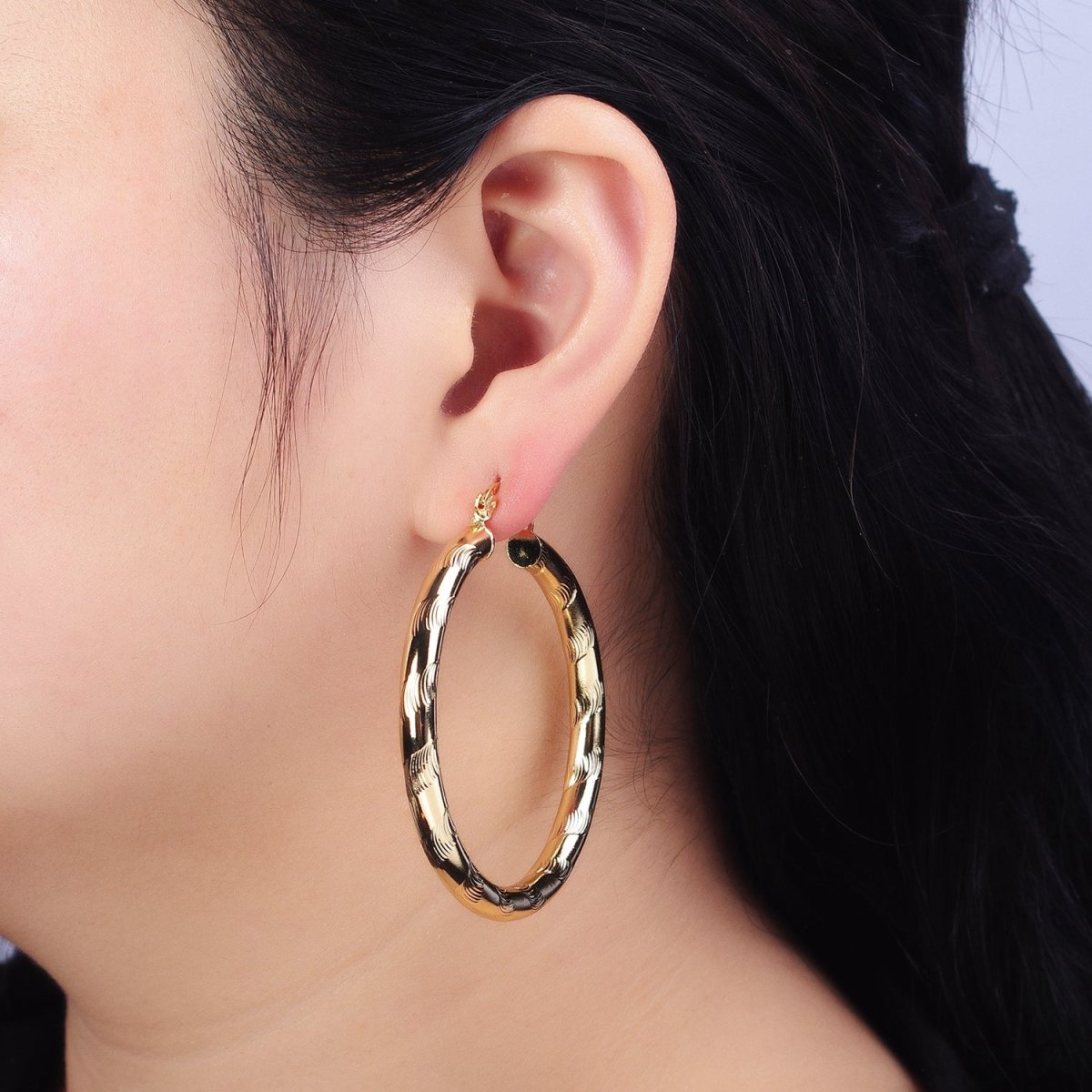 14K Gold plated Curved Line-Textured 55mm, 45mm, 40mm French Lock Latch Hoop Earrings | AE043 - AE045 - DLUXCA