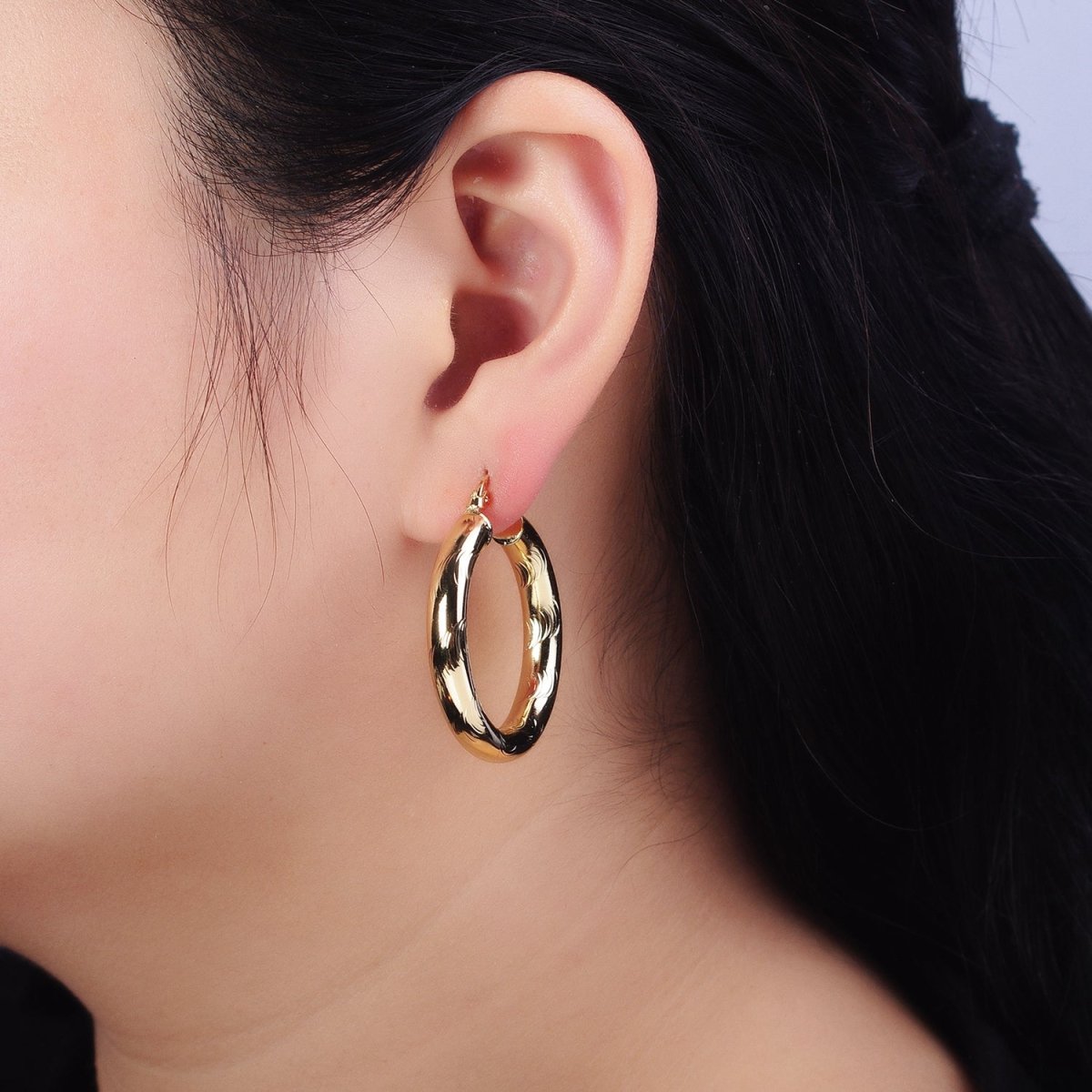 14K Gold plated Curved Line-Textured 55mm, 45mm, 40mm French Lock Latch Hoop Earrings | AE043 - AE045 - DLUXCA