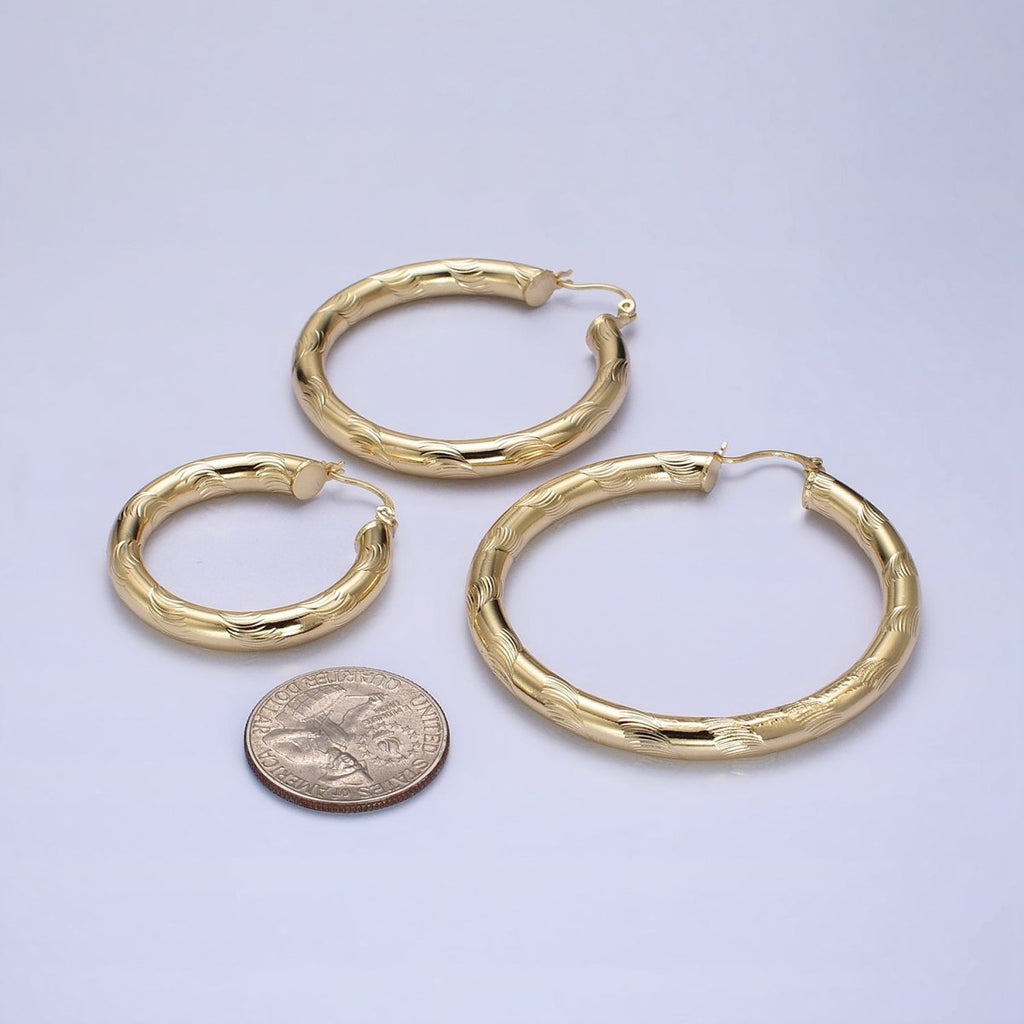 14K Gold plated Curved Line-Textured 55mm, 45mm, 40mm French Lock Latch Hoop Earrings | AE043 - AE045 - DLUXCA