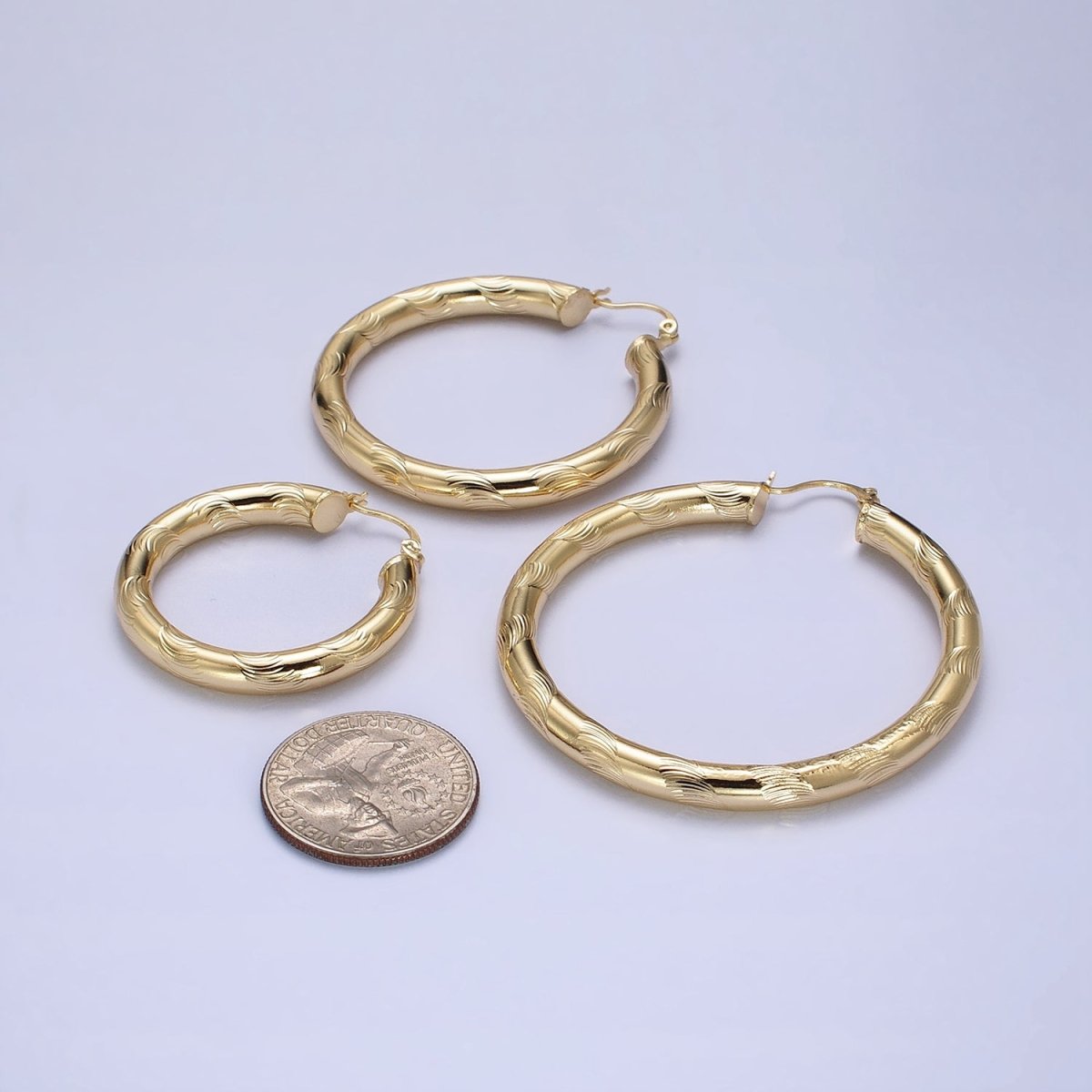 14K Gold plated Curved Line-Textured 55mm, 45mm, 40mm French Lock Latch Hoop Earrings | AE043 - AE045 - DLUXCA