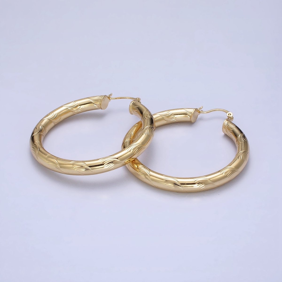 14K Gold plated Curved Line-Textured 55mm, 45mm, 40mm French Lock Latch Hoop Earrings | AE043 - AE045 - DLUXCA