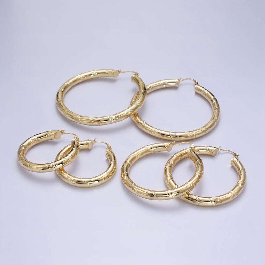 14K Gold plated Curved Line-Textured 55mm, 45mm, 40mm French Lock Latch Hoop Earrings | AE043 - AE045 - DLUXCA