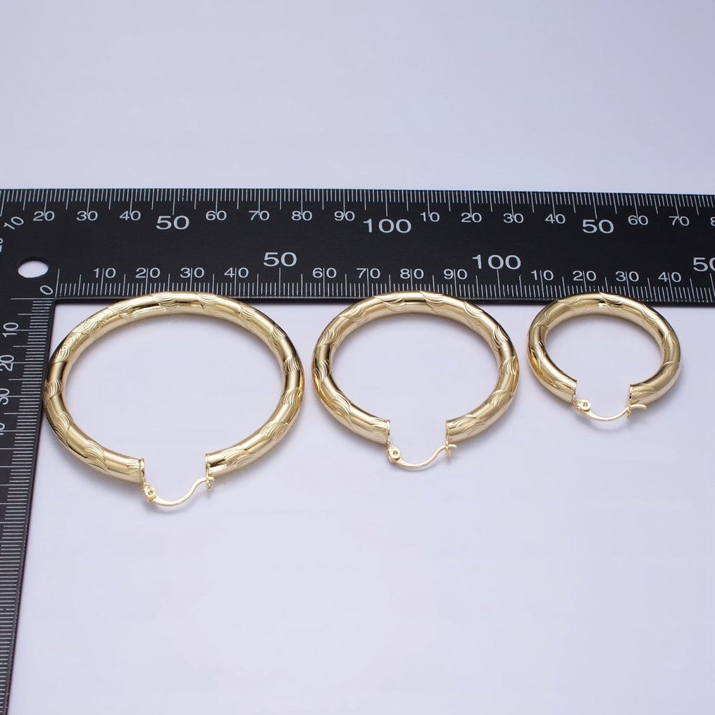 14K Gold plated Curved Line-Textured 55mm, 45mm, 40mm French Lock Latch Hoop Earrings | AE043 - AE045 - DLUXCA