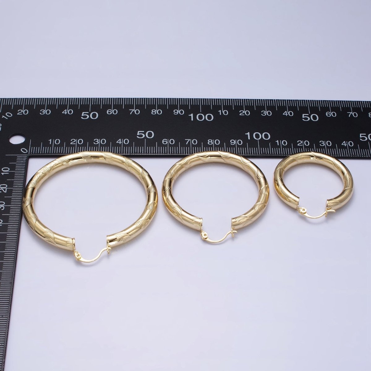 14K Gold plated Curved Line-Textured 55mm, 45mm, 40mm French Lock Latch Hoop Earrings | AE043 - AE045 - DLUXCA