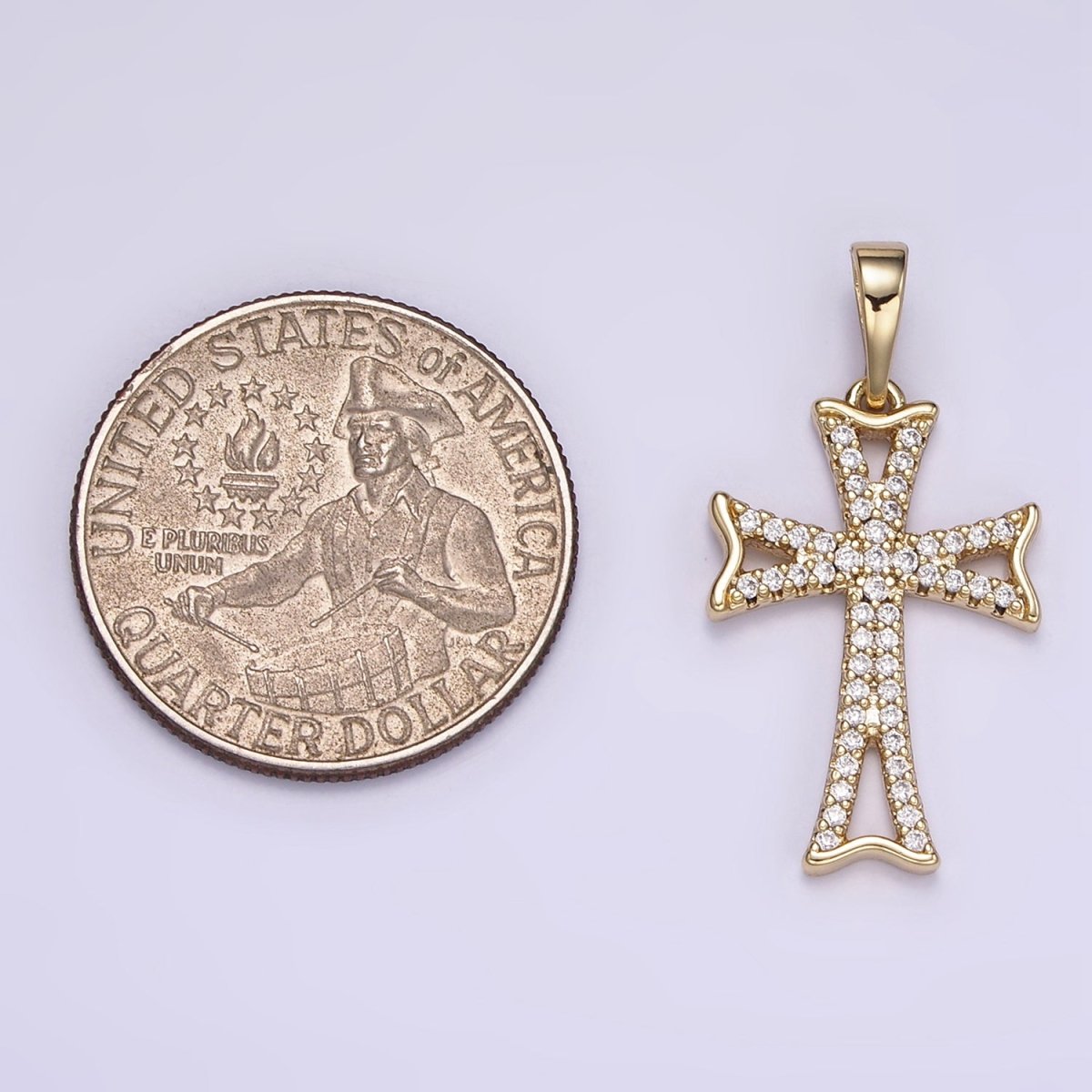 14K Gold plated Curved Micro Paved CZ Cross Religious Pendant | I864 - DLUXCA