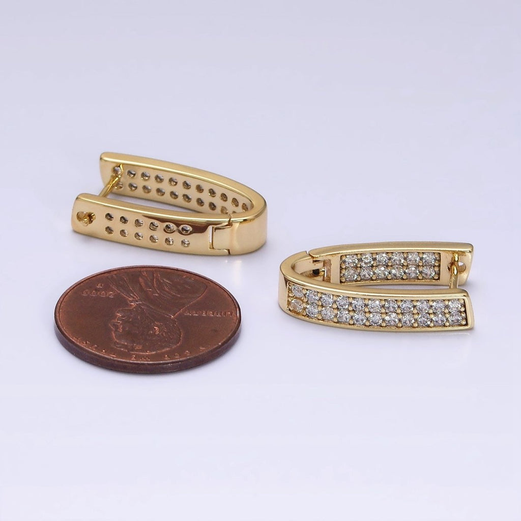 14K Gold plated Curved U-Shaped Micro Paved CZ Front-Facing English Lock Earrings | AD1374 - DLUXCA