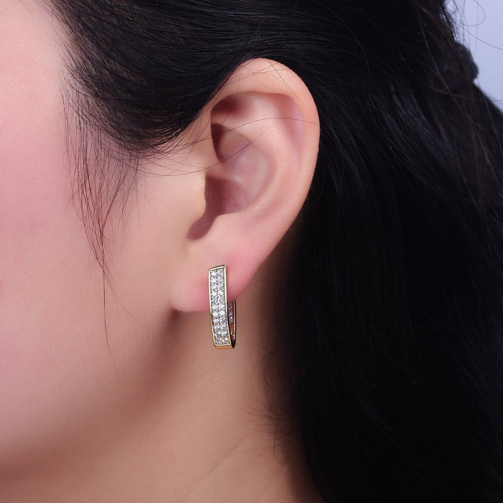 14K Gold plated Curved U-Shaped Micro Paved CZ Front-Facing English Lock Earrings | AD1374 - DLUXCA