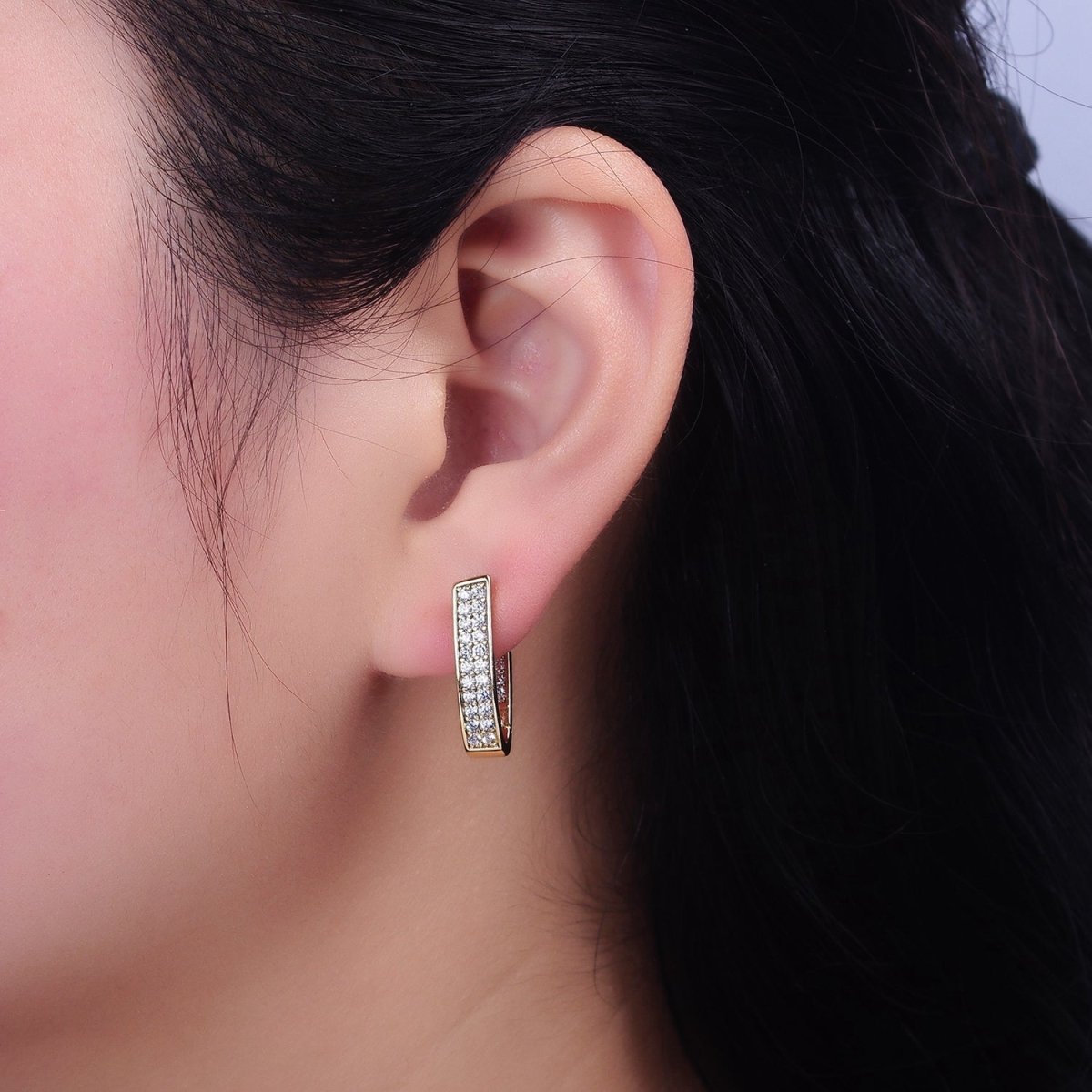 14K Gold plated Curved U-Shaped Micro Paved CZ Front-Facing English Lock Earrings | AD1374 - DLUXCA