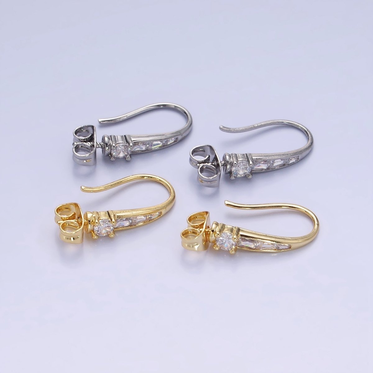 14K Gold plated CZ Baguette Lined French Hook Earrings in Gold & Silver | Z749 Z750 - DLUXCA