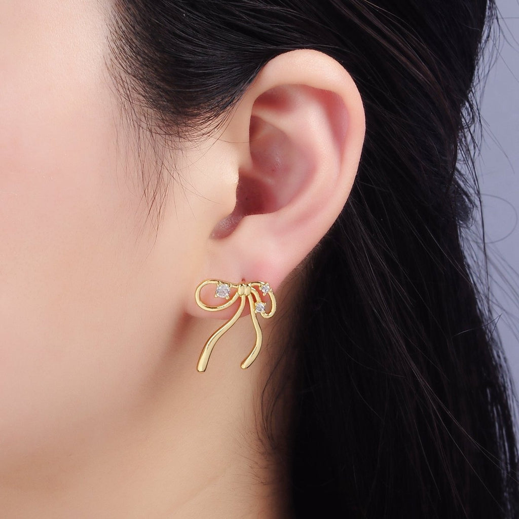 14K Gold plated CZ Coquette Ribbon Tied Bow Stud Earrings | P055 - DLUXCA