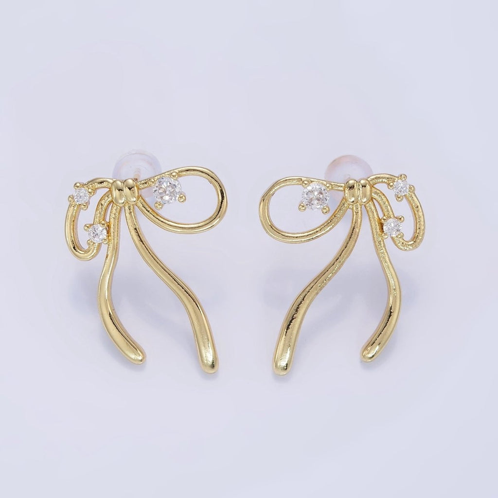 14K Gold plated CZ Coquette Ribbon Tied Bow Stud Earrings | P055 - DLUXCA