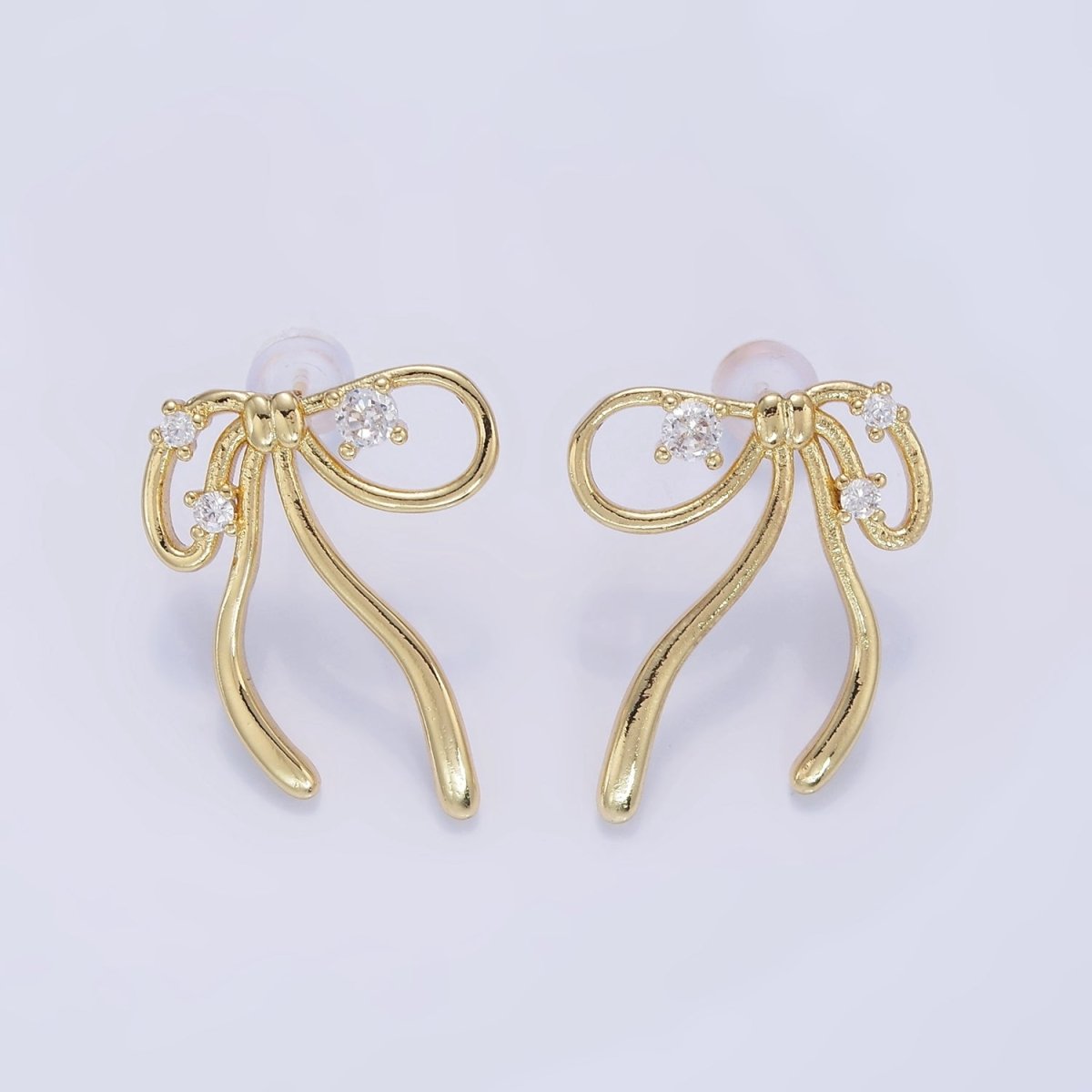 14K Gold plated CZ Coquette Ribbon Tied Bow Stud Earrings | P055 - DLUXCA