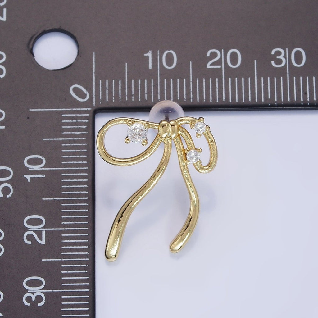 14K Gold plated CZ Coquette Ribbon Tied Bow Stud Earrings | P055 - DLUXCA