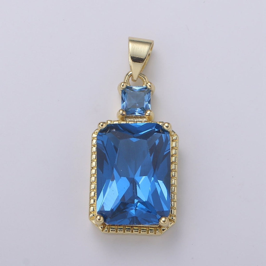 14k Gold plated CZ Cubic Geometric Shape Pendant Blue Pink Lavender Red Emerald Cut Charm Necklace Earring Supply Component 28x12mm H-367 H-368 H-375 H-376