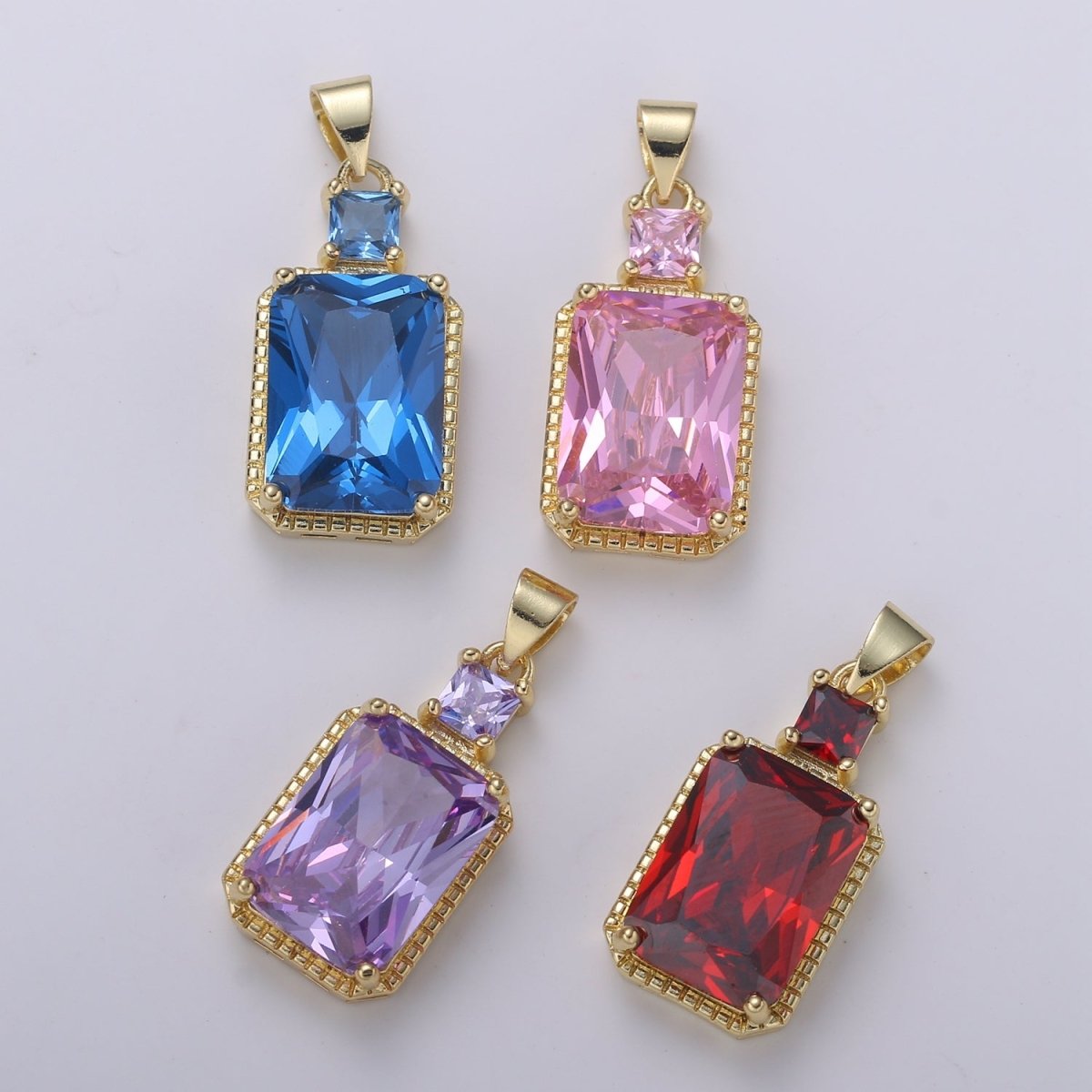 14k Gold plated CZ Cubic Geometric Shape Pendant Blue Pink Lavender Red Emerald Cut Charm Necklace Earring Supply Component 28x12mm H-367 H-368 H-375 H-376