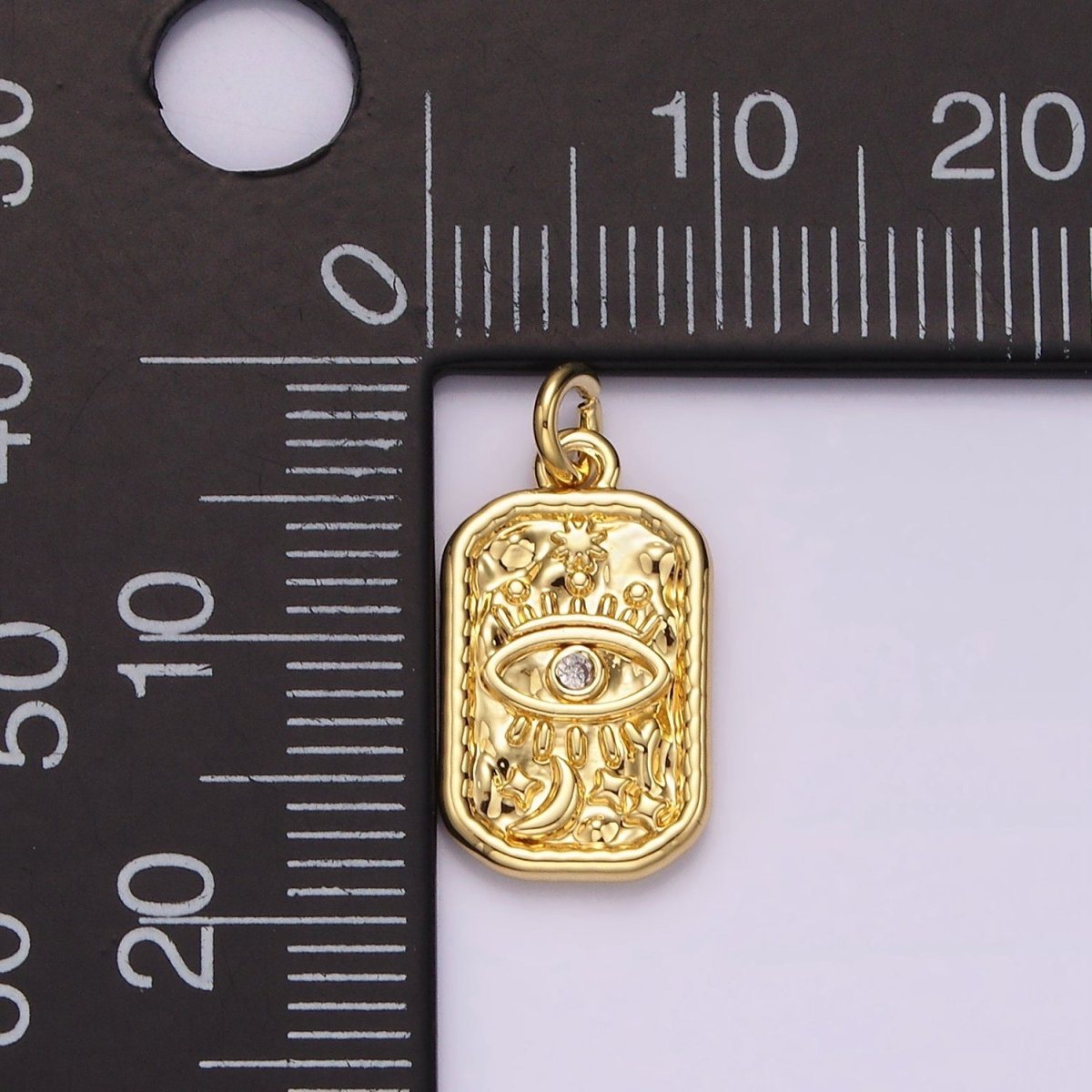14K Gold plated CZ Evil Eye Celestial Sun Moon Stars Hammered Rectangular Charm | AC781 - DLUXCA