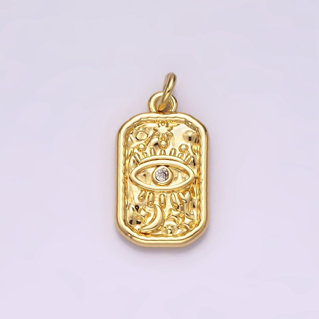 14K Gold plated CZ Evil Eye Celestial Sun Moon Stars Hammered Rectangular Charm | AC781 - DLUXCA